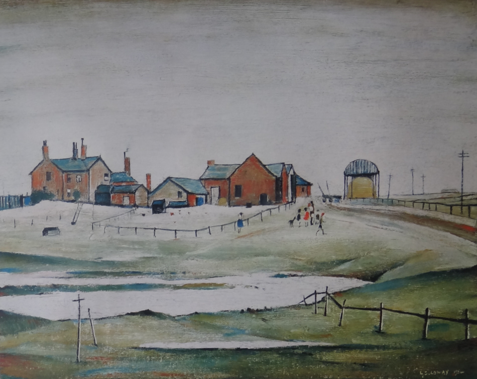 lowry landscape with farm buildings signed print lslowry